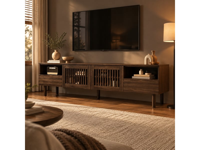  Meuble tv 180x40x51 cm coloris noyer avec 2 portes et 2 tiroirs  - Conforama E