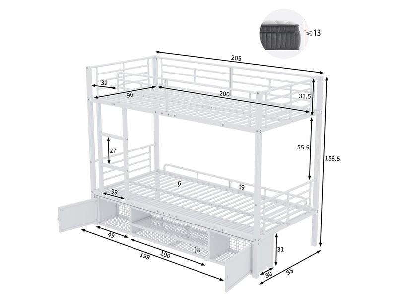  Lit superposé 90x200 cm, lit enfant avec rangement gain de place, métal robuste, échelle et meuble de rangement, étagère à chaussures, blanc  - Conforama E