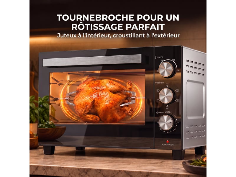  Mini-four avec broche rotative 36l 1500 w, four à convection multifonction, chaleur tournante, minuterie 60 min, argenté  - Conforama R