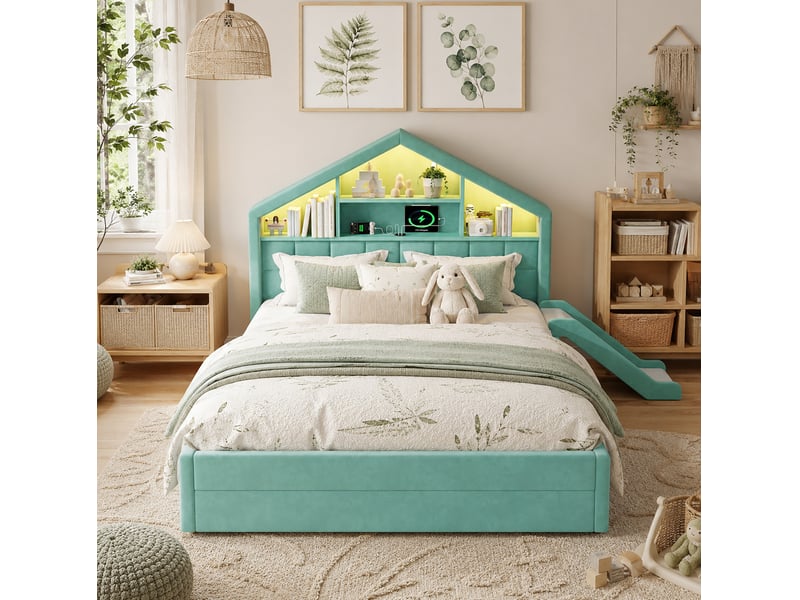  Lit enfant 140 × 200 cm 2 places avec toboggan, led, port de recharge et coffre, sans matelas, velours bleu-vert  - Conforama C