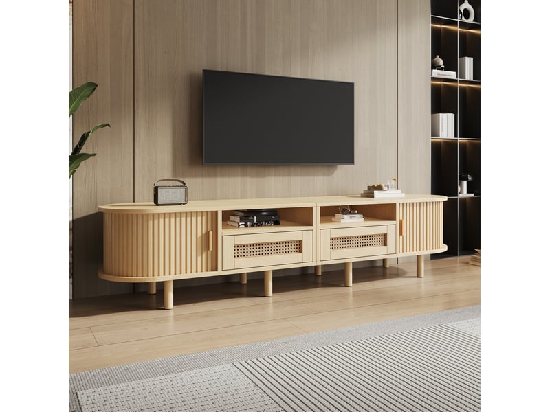  Meuble tv modenvie ovale 170 x 40 x 40 cm avec 2 tiroirs et 2 portes coulissantes mdf chêne clair  - Conforama D