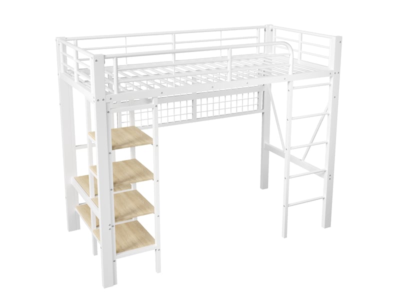  Lit mezzanine 90x200 cm blanc avec led, penderie, filet de rangement et espace ouvert  - Conforama E
