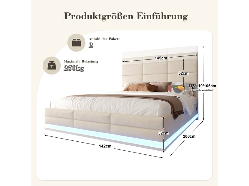  Lit coffre moderne 140 x 200 cm, velours, tête réglable, usb et type-c, led, hydraulique, beige, sans matelas  - Conforama E