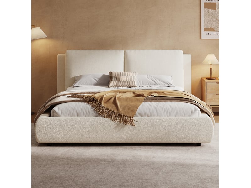 Lit coffre double 180 x 200 cm beige en bouclé avec sommier à lattes et tête de lit - Conforama B