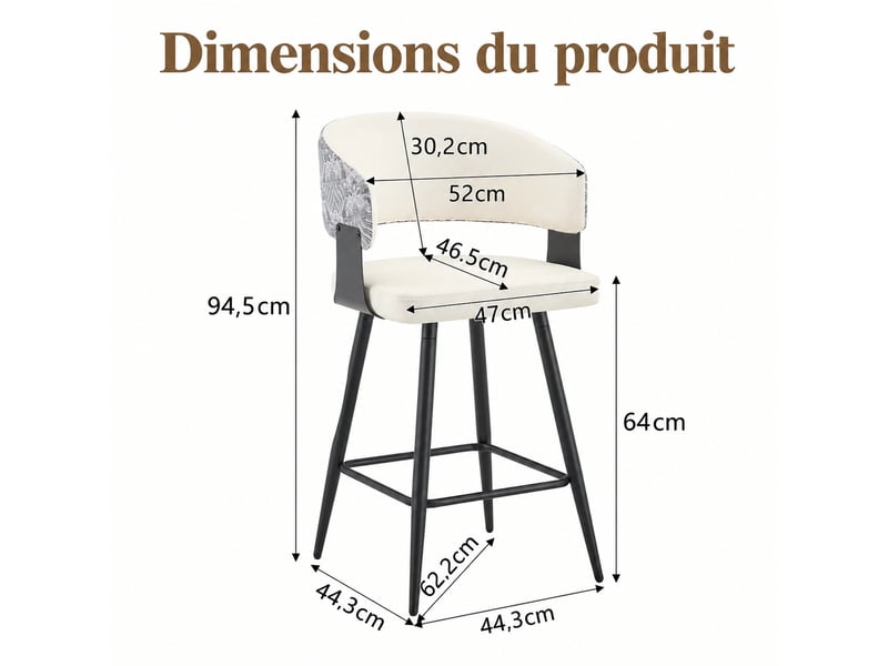  Tabourets de bar avec dossier, lot de 2, simili blanc, métal, hauteur d’assise 64 cm  - Conforama C