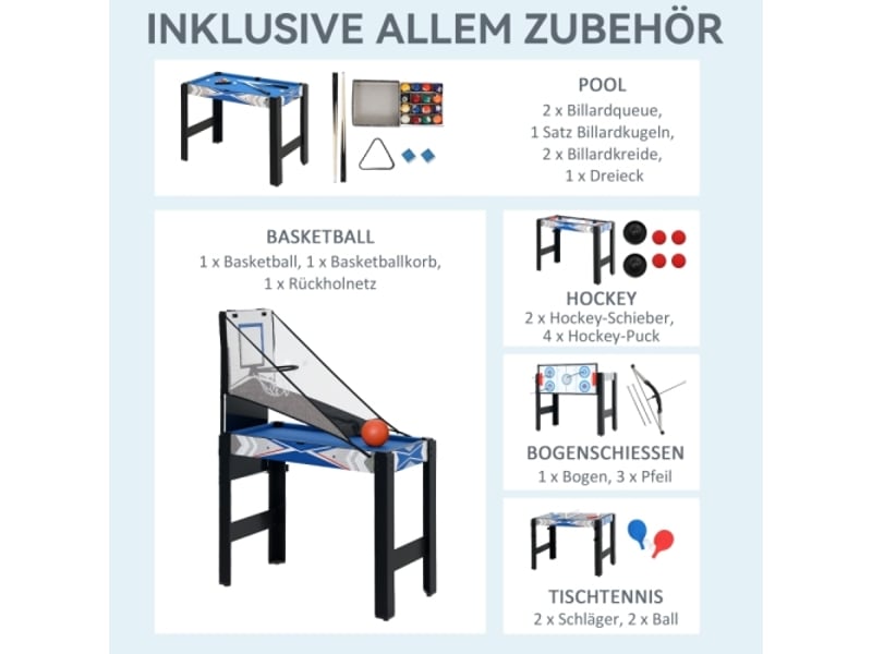  Table de jeu 5 en 1, billard, ping-pong, hockey, basket, tir à l’arc, mdf, bleu  - Conforama E