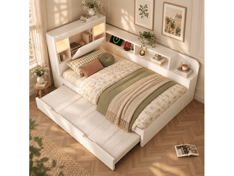  Lit gigogne 90x200 cm avec rangements, liseuses et ports usb, blanc  - Conforama B