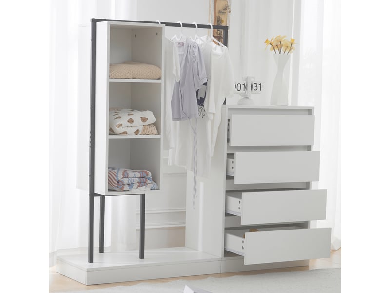  Armoire portant 140x40x135cm - meuble desserte de rangement ouvert avec 4 tiroirs &amp; tringle penderie métal - blanc  - Conforama B