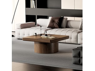 Table basse carrée 78 cm, plateau épais 8 cm, base cylindrique, placage bois, couleur marron