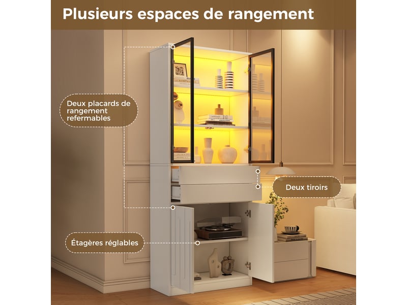  Vitrine led 70 x 34 x 180 cm avec portes vitrées et 2 tiroirs, meuble haut d’exposition et rangement moderne pour salon, cuisine ou bureau, blanc, pour usage quotidien à la maison OPULERANE TRADING LTD - Conforama D