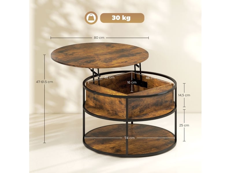  Table basse ronde relevable avec rangement caché et tablette ouverte en panneau de particules, marron, pour salon  - Conforama C