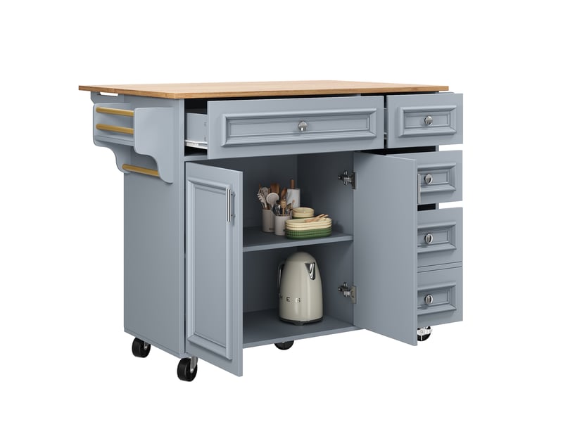 Desserte de cuisine 110 x 45-75 x 92 cm bleu bébé, mdf et métal, plateau rabattable sur roulettes - Conforama D