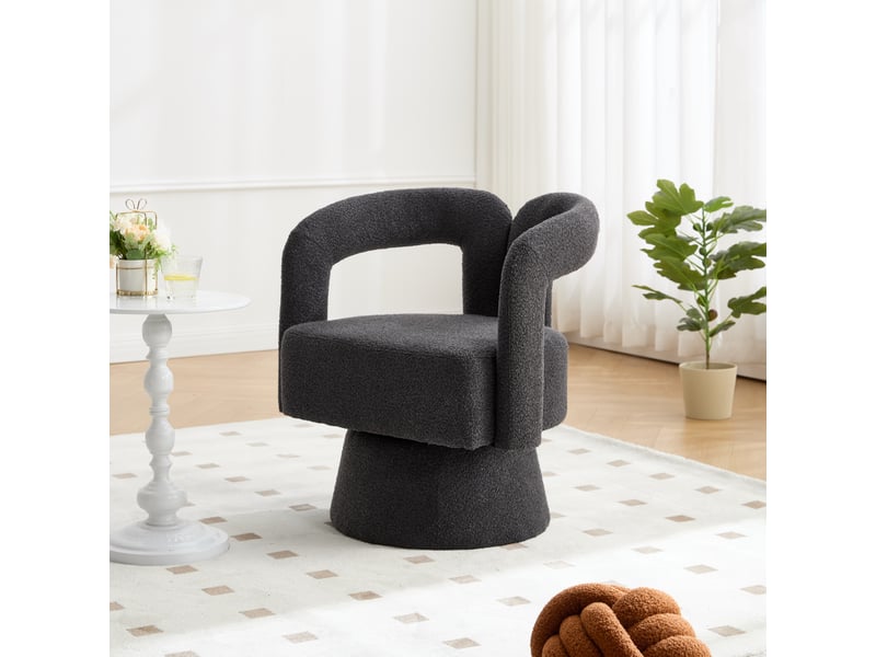  Fauteuil pivotant en bouclette avec assise rembourrée, dossier enveloppant et base métallique, gris foncé  - Conforama B