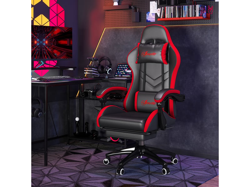  Fauteuil de jeu inclinable à 135° en similicuir avec appui-tête et repose-pieds, 65 x 65 x 121-129 cm, noir et rouge  - Conforama C
