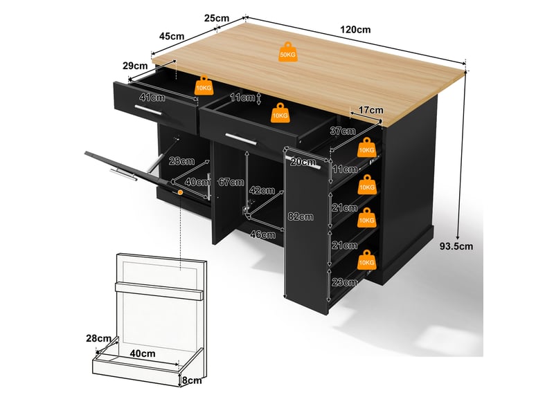 Desserte de cuisine avec plateau rabattable, 2 tiroirs, étagère à épices et roulettes, noire, 120 × 70 × 93 cm - Conforama D