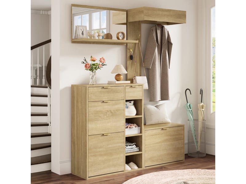  Meubles d'entrée 4 pièces avec meuble à chaussures 2 tiroirs, banc, miroir et panneau porte-manteaux, 130×30×174 cm  - Conforama B
