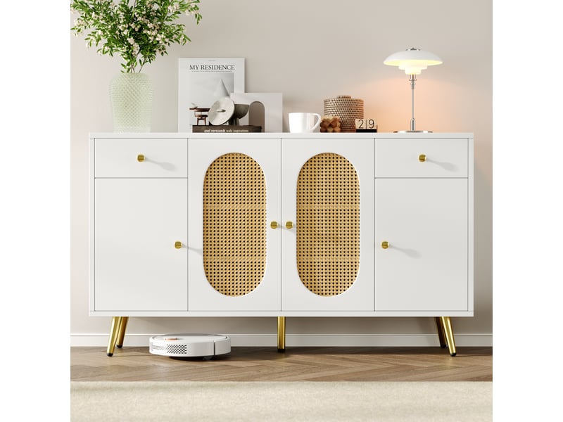  Buffet, bicolore blanc et naturel, panneau de particules, 140 × 35 × 82 cm, 4 portes, 2 tiroirs, étagères réglables, pieds métal  - Conforama D