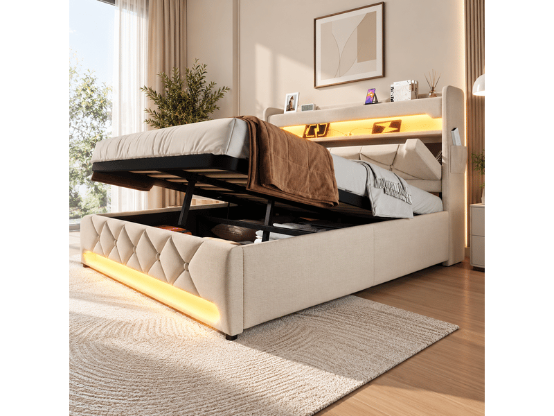 Lit coffre rembourré 140 x 190 cm, rangement hydraulique, tête de lit avec rangement, usbtype-c, led 360°, lin, beige Bliss Lite - Conforama E