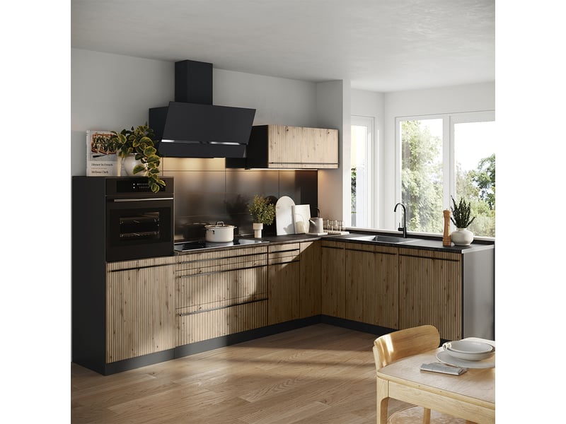  Vicco cuisine en angle, chêne artisananthracite, 287 x cm sans plan de travail  - Conforama C