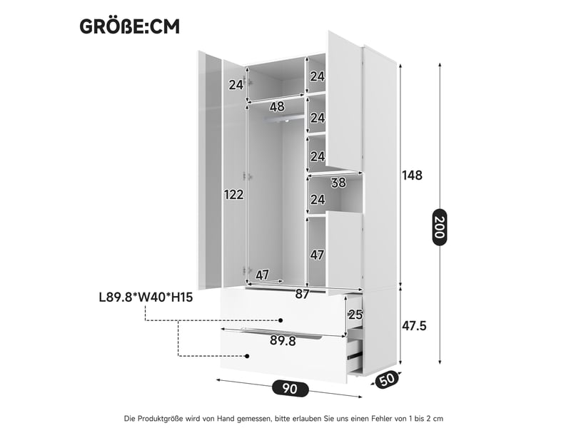  Armoire battante 90x50x200 cm avec led, 3 portes, 2 tiroirs, 6 compartiments, mdf et métal, blanc, rangement chambre  - Conforama C