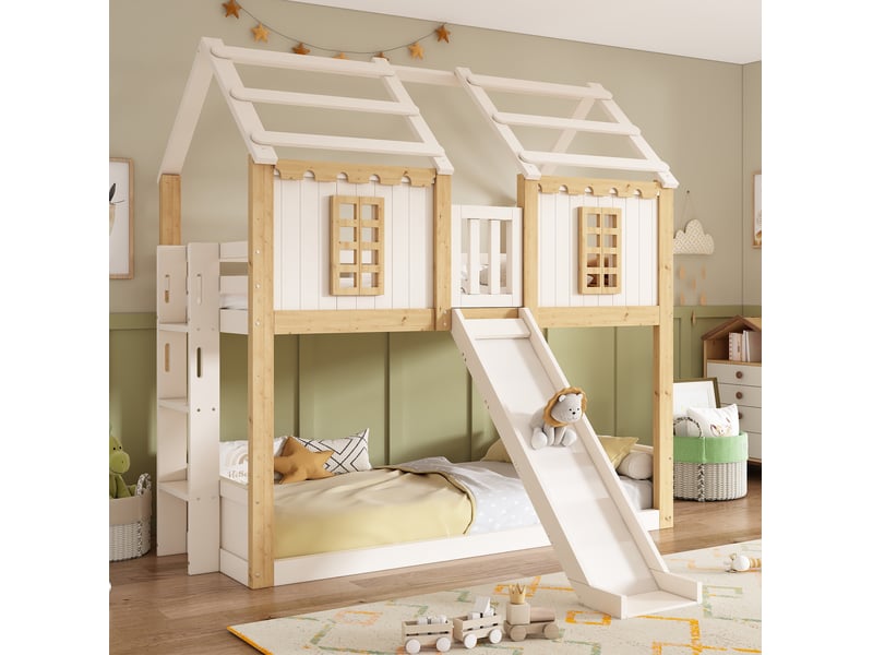  Lit superposé enfant 90x200 cm avec toboggan bois et mdf blanc et bois sans matelas  - Conforama B