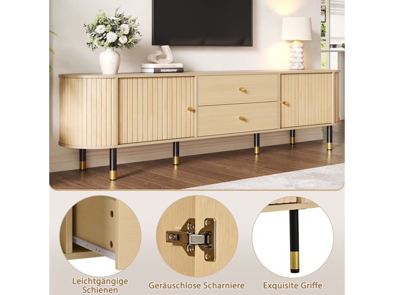  Meuble tv 180x40x58 cm - meuble bas ovale avec portes coulissantes, 2 tiroirs, rangements et finition effet bois  - Conforama E