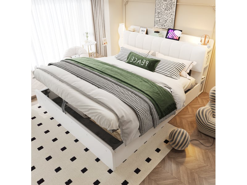  Lit coffre 180x200 cm en bois, rangement hydraulique et tête de lit rembourrée, blanc  - Conforama E