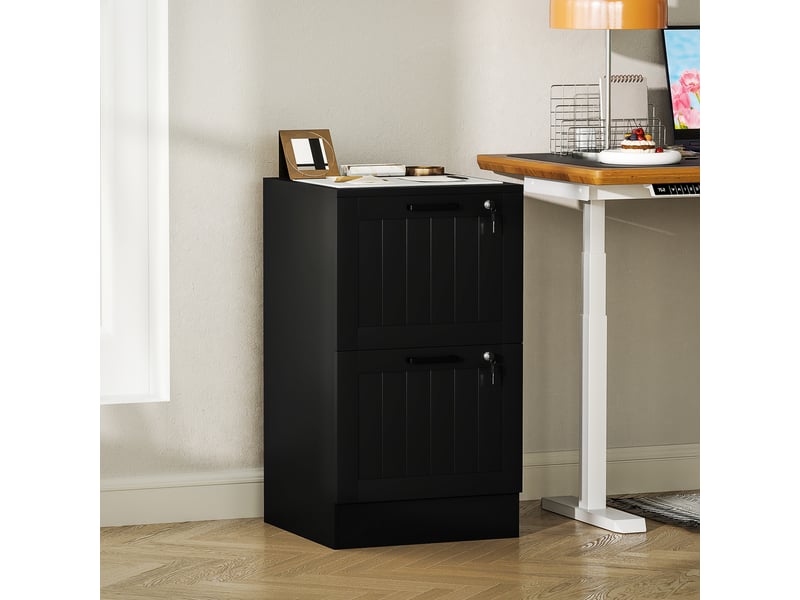  Caisson bureau, meuble rangement bois 2 tiroirs et serrure, barres de suspension réglables, noir, 40 x 40 x 71 cm  - Conforama D