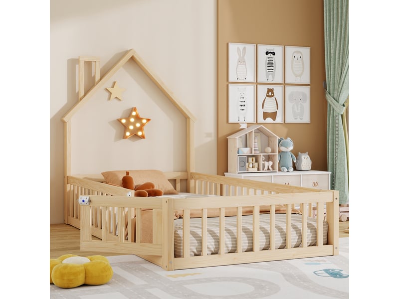Lit cabane enfant, 90 × 200 cm, naturel, pin et mdf, structure cabane, forme cheminée, sommier à lattes, garde-corps, sans matelas - Conforama B