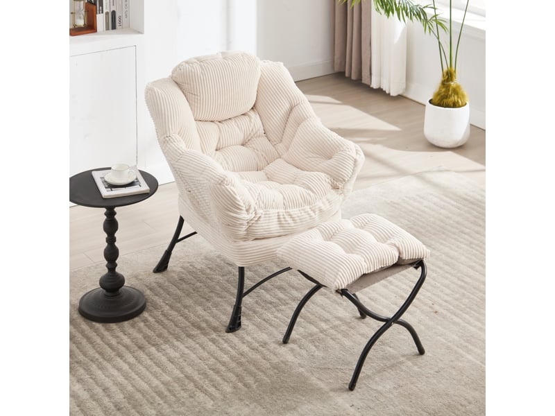  Fauteuil relax avec repose-pieds - 70x64x95cm - chaise lounge rembourrée avec poche latérale et pieds acier - blanc  - Conforama B
