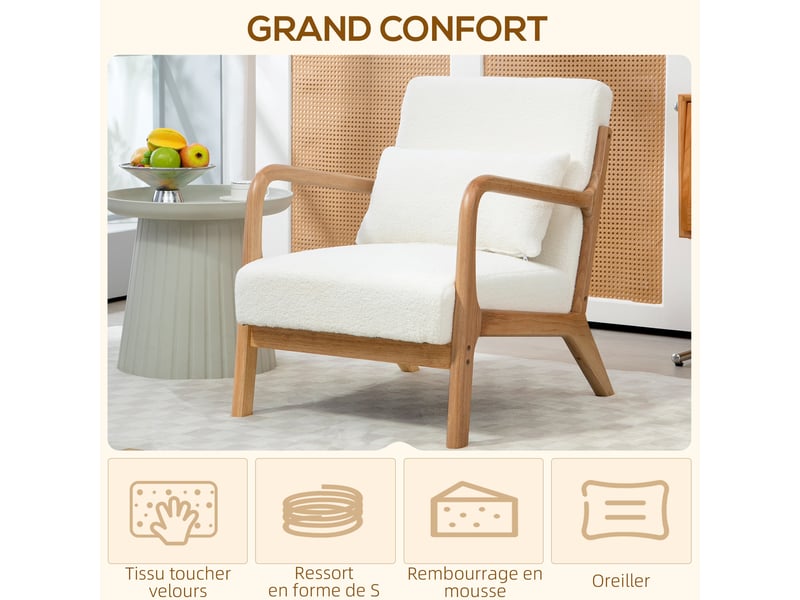  Fauteuil lounge en bois d'hévéa et velours crème 61x78x76 cm  - Conforama D