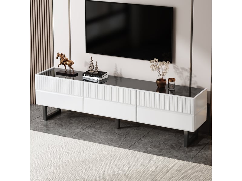  Meuble tv 170 cm noir et blanc avec 3 tiroirs, meuble tv bas design minimaliste pour salon  - Conforama D