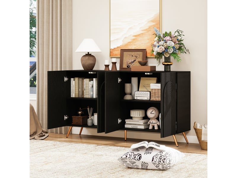  Buffet noir style mid-century avec portes arquées, étagères réglables et pieds en métal doré, 150 cm  - Conforama E