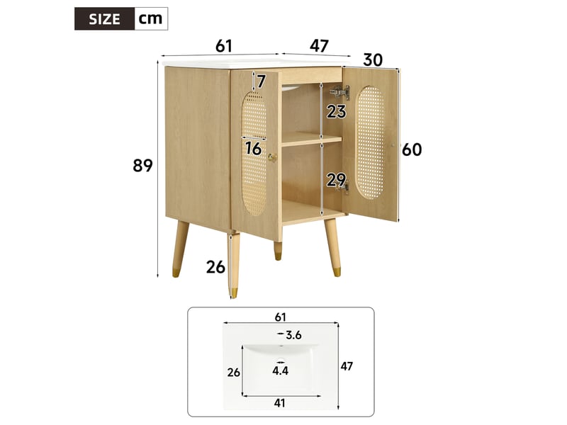 Meuble sous vasque 2 portes en rotin 2 étagères fixes avec vasque en céramique pour salle de bain 61 × 47 × 89 cm - Conforama C