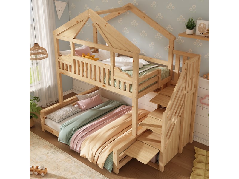 Lit superposé maison 90x200140x200 cm en bois naturel Fay Lum - Conforama B