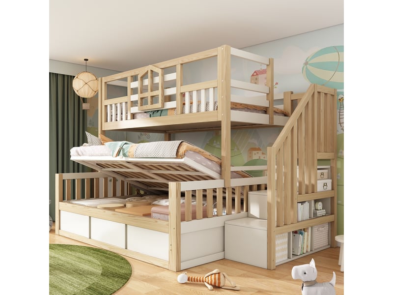 Lit superposé cabane enfant 90 x 200140 x 200 cm blanc et bois escalier rangement coffre hydraulique fenêtre en747 sans matelas - Conforama C