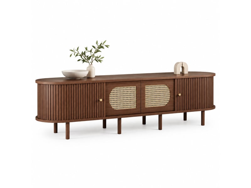  Meuble tv avec 2 portes et 2 portes à rideau pour salon 180×40×40 cm en mdf chêne foncé  - Conforama A