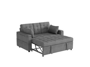 Canapé convertible 2 places 140x90x86,5 cm avec fonction lit, dossier réglable 3 positions, rangement intégré, poches latérales, coussins, tissu effet lin - gris