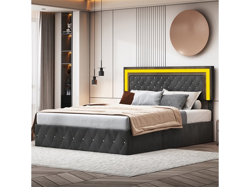 Lit 160x200cm - lit coffre 160x200cm - lit capitonné avec led et sommier relevable - velours noir - Conforama D