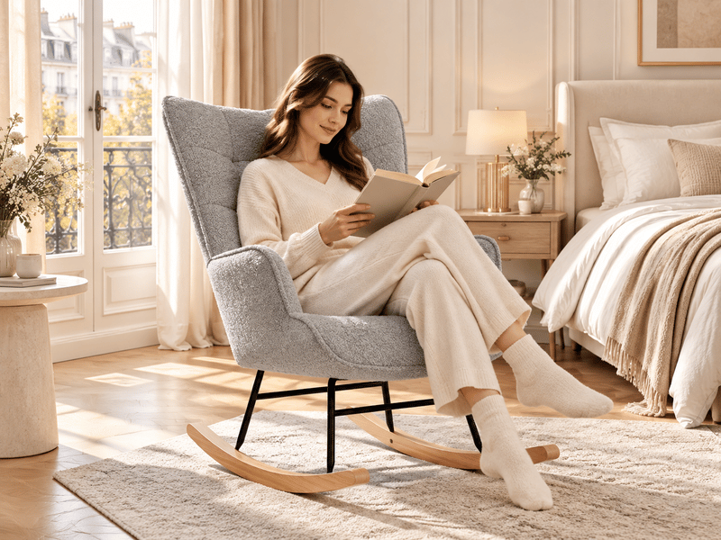  Fauteuil à bascule, rocking chair, tissu teddy peluche, chaise à bascule scandinave, fauteuil allaitement, pour chambre d' enfant salon balcon, gris clair  - Conforama B