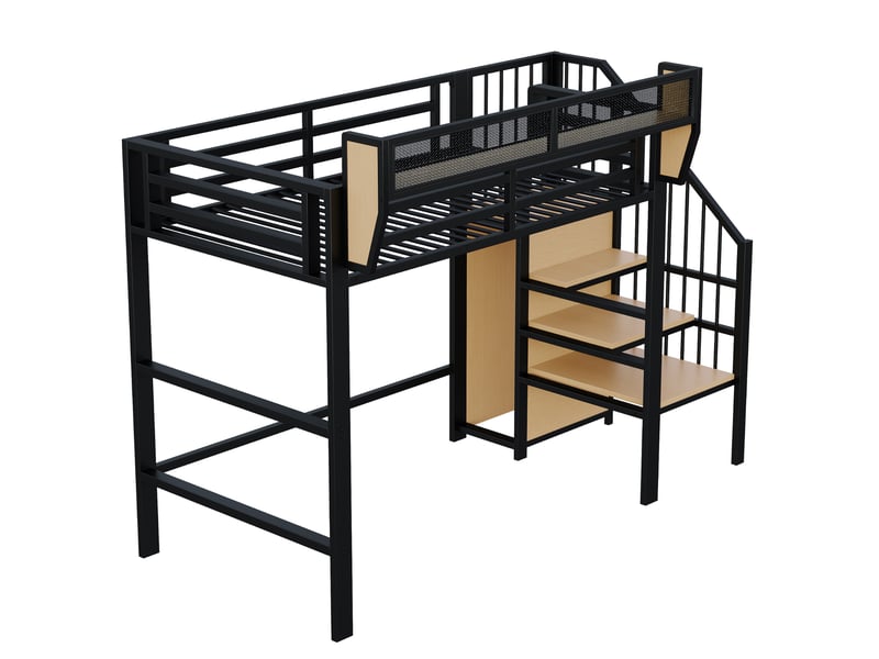  Lit mezzanine 90x200 cm noir métal et mdf, avec échelle sécurisée, étagère amovible et espace sous lit  - Conforama D