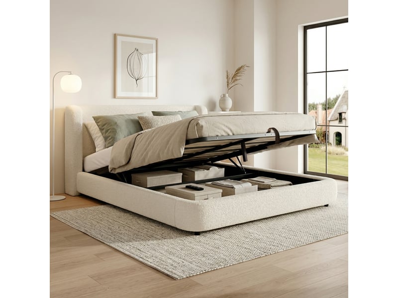 Lit coffre 180x200 cm, lit double, sommier à lattes, rangement hydraulique, tête de lit rembourrée, tissu bouclé beige  - Conforama E