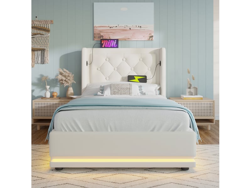  Lit coffre 90 × 200 cm 1 place avec usb, type-c, led et rangement, matelas inclus, en pu blanc  - Conforama B