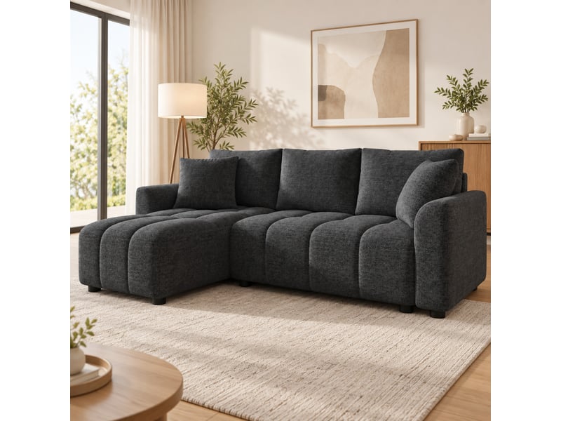  Canapé d’angle modulable, 3 places, avec 2 coussins et coffre de rangement girs en chenille  - Conforama E