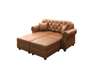 Canapé chesterfield 2 places + 2 poufs en simili cuir marron, 160 cm