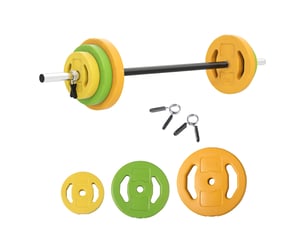 Ensemble haltères et barre 20 kg avec 6 haltères disques de 1,5 kg, 2,5 kg et 5 kg gym musculation orange vert et jaune