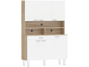 Buffet haut de cuisine blanc effet bois, 6 portes, tiroir, niches, 120 x 40 x 175 cm