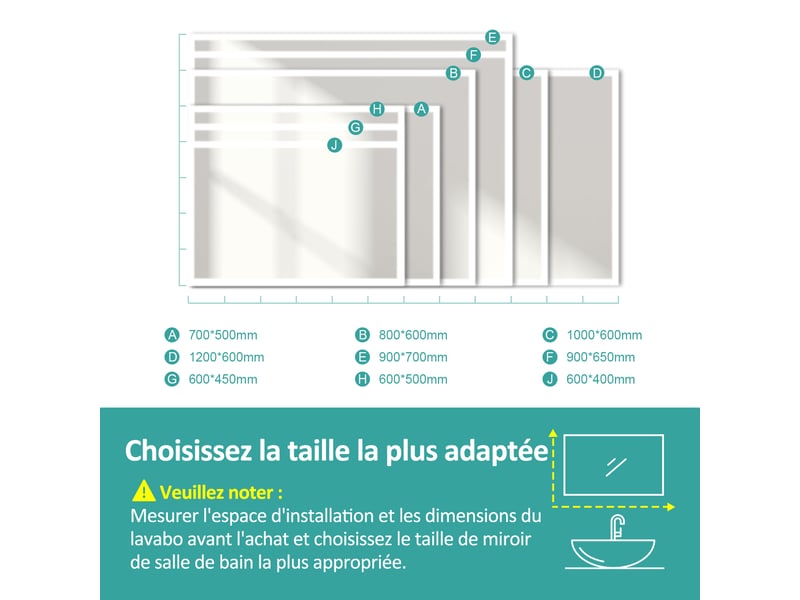  Emke miroir led salle de bain 60 x 80 cm, verre sans cuivre, blanc froid 6500k  - Conforama E