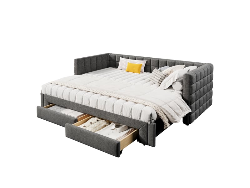  Lit banquette 90x200 extensible 180 velours gris avec 2 tiroirs  - Conforama A