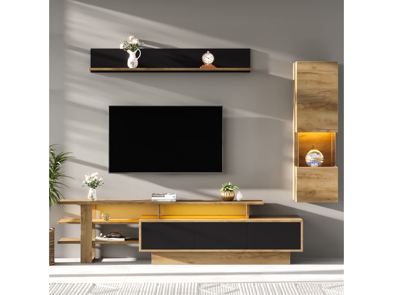 Meuble tv mural design 3 pcs led salon noir et bois naturel, 1 meuble tv 3 tiroirs, 1 vitrine, 1 étagère, tv jusqu'à 80 pouces - Conforama R
